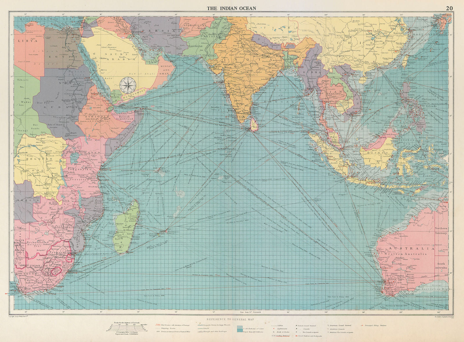 Indian Ocean sea chart. Ports lighthouses mail routes dockyards. LARGE 1959 map